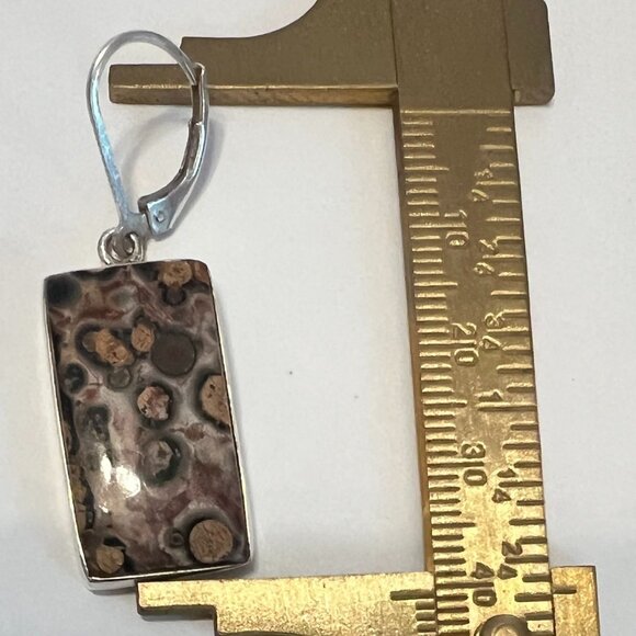 Rectangular LeopardSkin Jasper Dangle Earrings 925 Silver Leverback Southwest - Picture 5 of 6